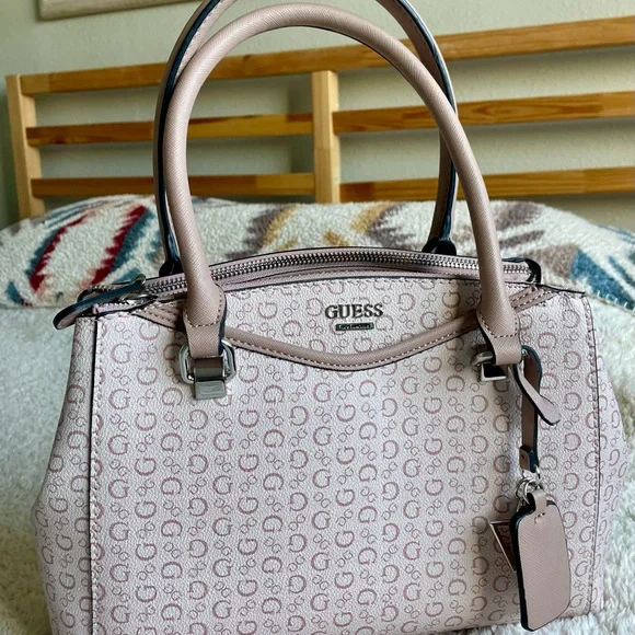 GUESS Blush Pink Allover Logo Monogram Satchel Hand Bag Purse - Picture 2 of 13